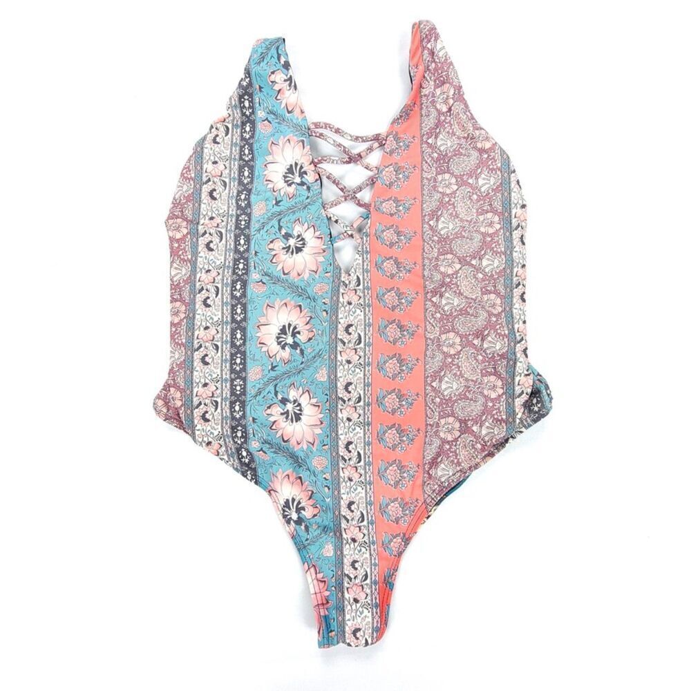 BILLABONG Moon Dancer Lace Up One Piece Swimsuit Women Small Boho Pastel Paisley